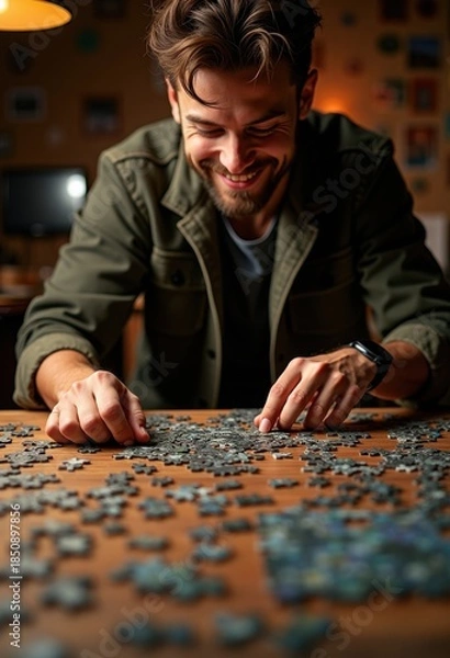 Fototapeta Puzzle Enthusiast Delving into a Thousand Piece Jigsaw Challenge in Cozy Interior