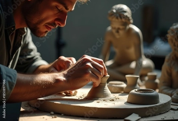 Fototapeta Sculptor Forming Clay into Masterpiece Hands Artful Creation Studio