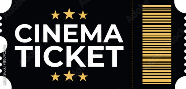 Fototapeta Cinema ticket with stars and barcode graphic design for movie event admission isolated on black background