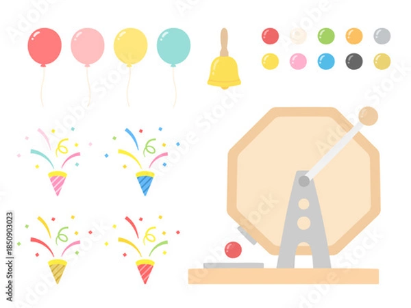Obraz 抽選会のガラガラ ガラポン抽選機と玉とベル、風船とクラッカーのセット