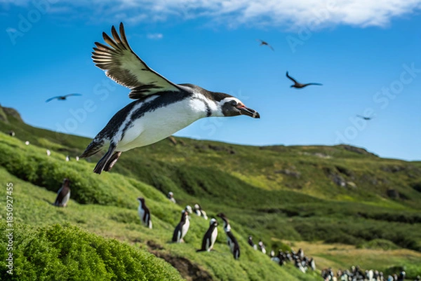 Obraz 緑の大地から飛び立つペンギン
