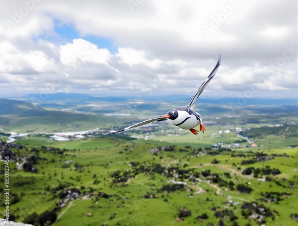 Obraz 緑の大地の上空を飛ぶペンギン
