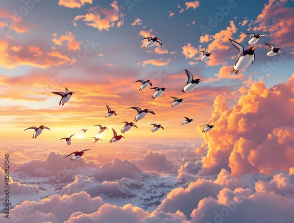 Obraz 夕焼け空をバックに空を飛ぶペンギンの群れ
