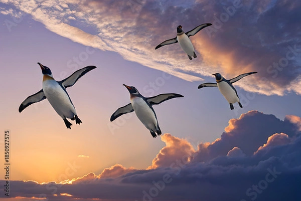 Obraz 夕焼け空をバックに飛ぶ4匹のペンギン
