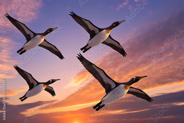 Obraz 夕焼け空の下を飛ぶ4匹のペンギン
