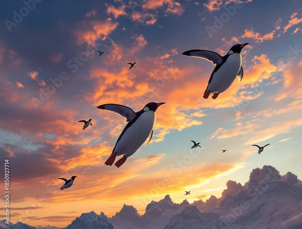 Obraz 夕焼け空の下をバラバラに飛ぶペンギン達
