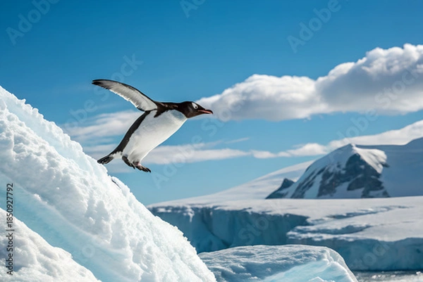 Obraz 南極の大地から飛び立つペンギン
