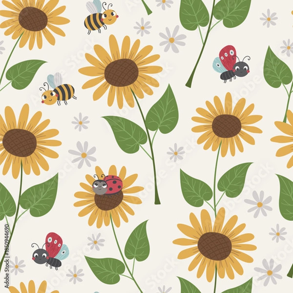 Obraz Vector seamless pattern with sunflowers, bees, ladybugs and butterflies. Perfect for kids fabric, paper and gift designs