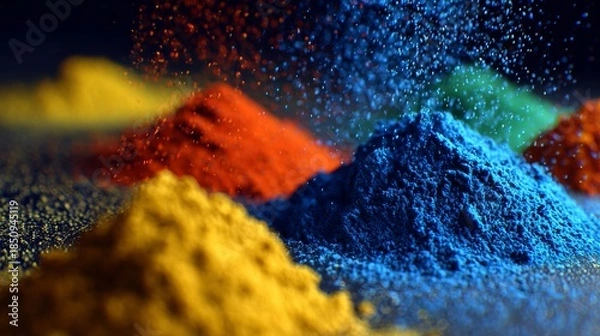 Fototapeta Vibrant pigment powders swirled and mixed abstractly in a colorful blend showcasing artistic texture