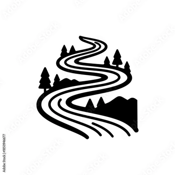 Obraz Bold Minimalist River Meander Vector Icon. Black and White Flat Design Winding River Silhouette for SVG Cutting Files, Waterway Branding, Map Legend Logo, and Modern Outdoor Path Illustration