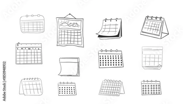 Fototapeta Calendar set doodle grid icon, hand drawn sketch. Hanging line schedule planner. Reminder and calendar with a check.