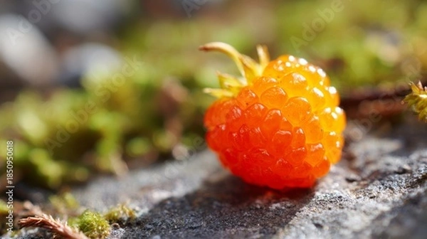 Fototapeta A single vibrant orange cloudberry resting on a textured surface with blurred green moss and foliage in the background
