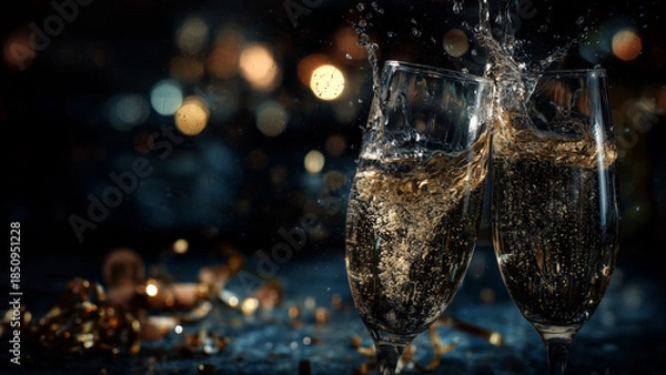 Obraz Two champagne glasses clinking with festive lights