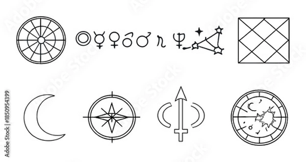 Obraz Astrology symbols and zodiac constellations on grayscale background