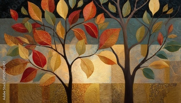 Obraz Two trees with fall foliage in a stylized abstract design