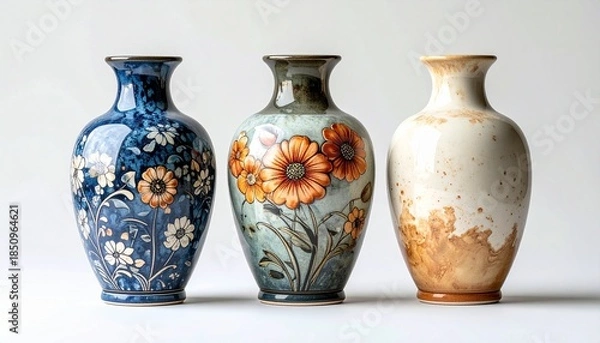 Fototapeta Floral Ceramic Vases – Intricate Hand-Painted Designs in Blue, White, and Multicolor Against Dark Background