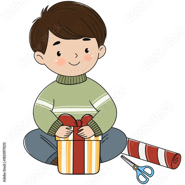 Obraz Cute boy with Christmas gift