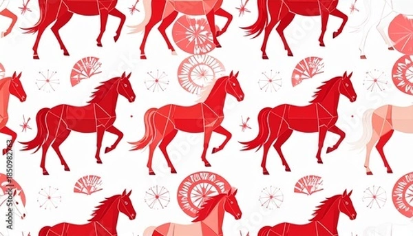 Obraz 幾何学的な馬のモダン和柄背景：赤と白のフラットデザイン・シームレス素材