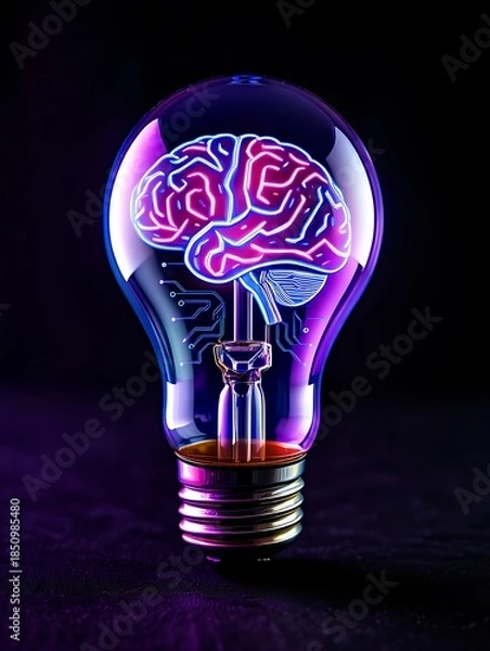 Obraz Light bulb with glowing brain inside purple light