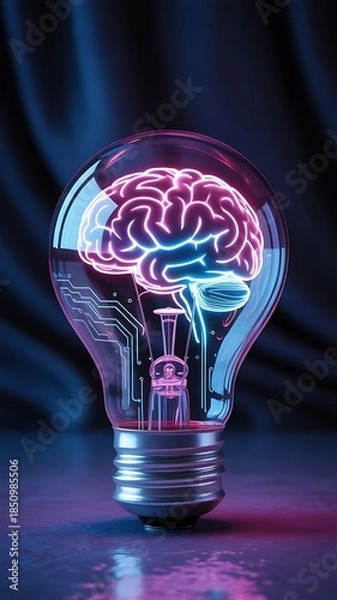 Obraz Light bulb with glowing brain inside purple light