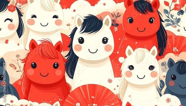 Obraz 笑顔の可愛い馬と梅の花の和風背景：午年の年賀状や子供向けデザインに最適な素材