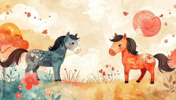 Obraz 手描き風の馬と和紙のナチュラル背景：午年の年賀状や雑貨に最適な素朴で温かい和モダン素材