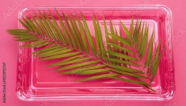 Obraz Green palm frond rests within a clear rectangular dish on a pink background.