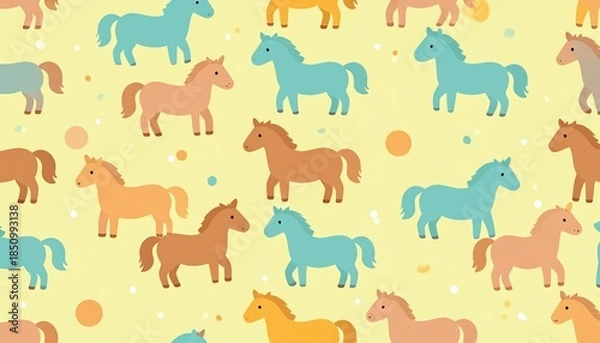 Obraz パステルカラーの可愛い馬の北欧風モダン背景：午年の年賀状や子供向けデザイン素材