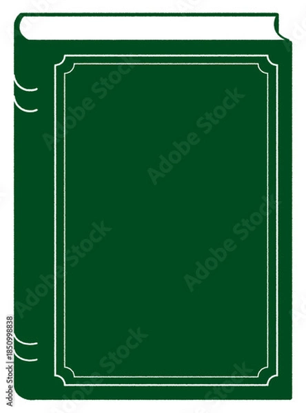 Obraz 深い緑色のクラシックなハードカバーの本のシルエット。シンプルなベクターのイラスト素材。図書館や書店ののイベント、読み聞かせ会や読書会のフライヤー背景などに最適な本のイラスト。手書き風の描線で温かさを表現。ベクターでダウンロードした場合、装飾のラインは簡単に削除可能。