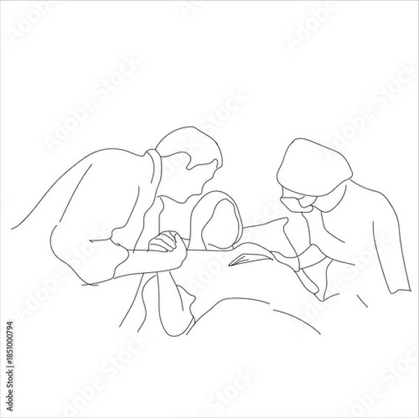 Obraz husband accompanies wife in childbirth. One continuous single drawing line art flat doodle doctor, 