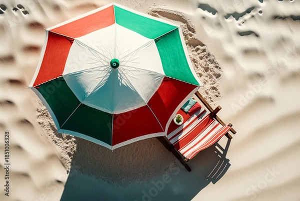 Obraz Multicolor beach umbrella, sun lounger on tropical ocean sandy beach. Top view. Generative AI	