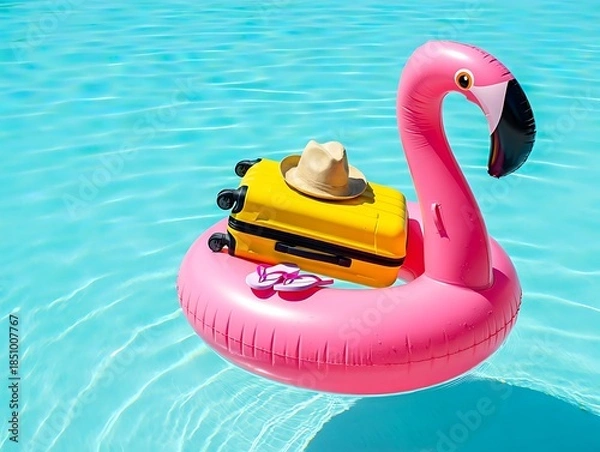 Obraz Pink flamingo pool float with suitcase and hat on it floating