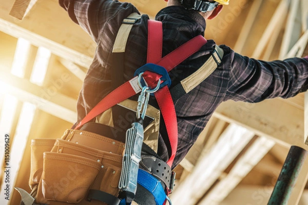 Obraz Worker With Safety Harness Performs Task at Construction Site in Daylight