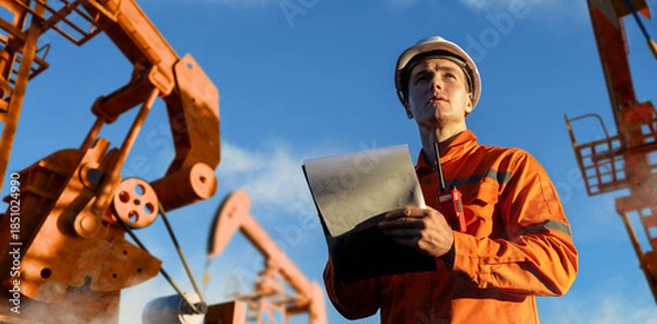Fototapeta Engineer inspecting oil rig operations and fossil fuel production
