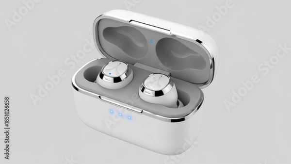 Obraz Premium Glossy White TWS Earphones in Charging Dock with Blue LED Indicators