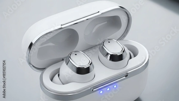 Obraz White Wireless Earbuds in Open Charging Case with Blue LED Light