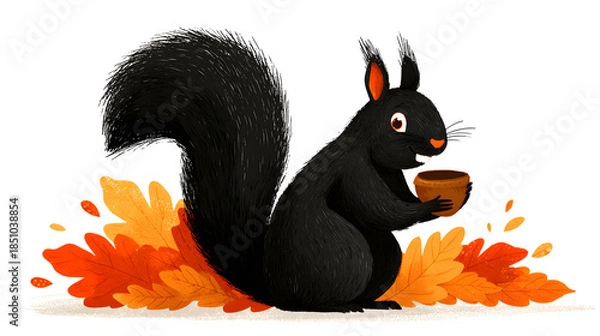 Obraz Black squirrel illustration sitting on colorful autumn leaves, holding a small bowl, showcasing playful character in a vibrant fall setting with rich textures and warm colors
