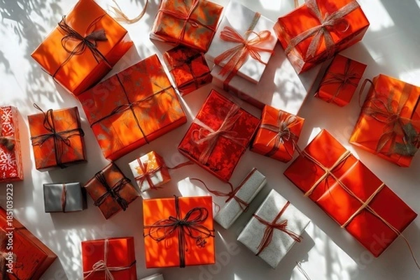 Obraz Red gift boxes wrapped with ribbons on light background.