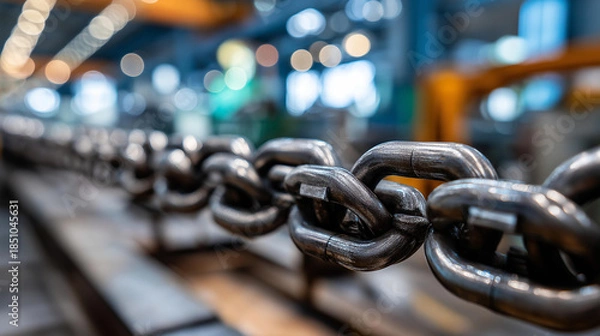 Obraz Metal chain of conveyor belt on production line on cable factory, industrial transport mechanism, manufacturing material handling, facility logistics equipment, with copy space