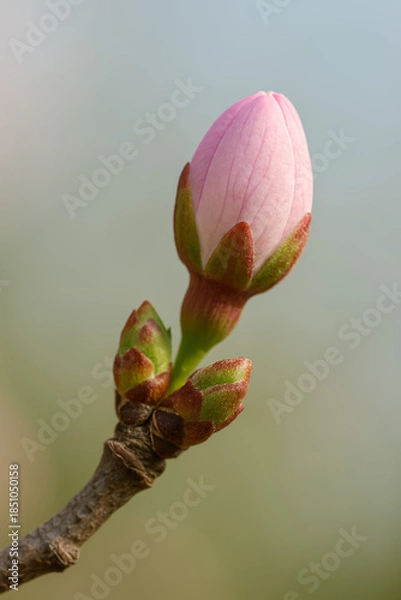Fototapeta Close-up of blooming pink flower bud on branch