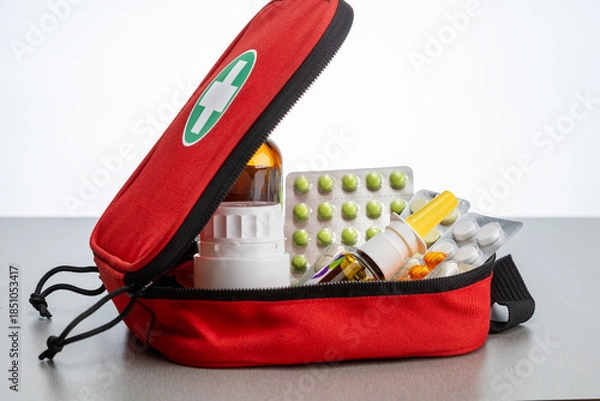 Obraz First aid kit on the table.