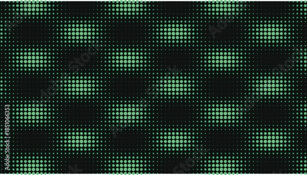 Fototapeta Green LED dot matrix pattern with glowing pixel clusters on black background