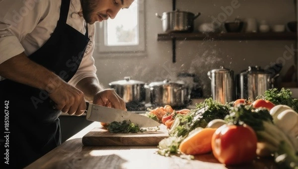 Obraz Chef preparing fresh vegetables in a rustic kitchen with natural light.
