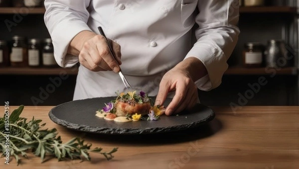 Obraz Chef meticulously plates gourmet dish with precision and care for presentation.
