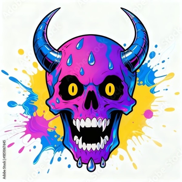 Obraz Neon Demon Skull: Vibrant Horned Art with Splatter Paint