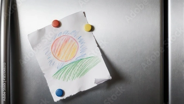 Obraz Childs Drawing on Refrigerator Door with Magnets.