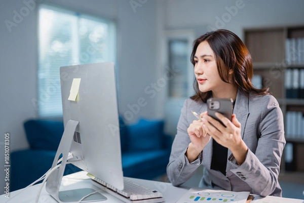 Fototapeta Asian businesswoman multitasking looking at computer and smartphone