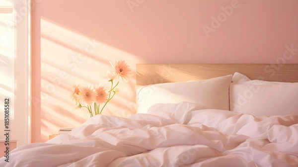 Obraz Soft rays of sun lighting up pink walls and white bedding