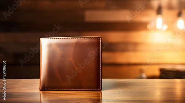 Obraz Tan leather wallet resting on wood table with dramatic lighting