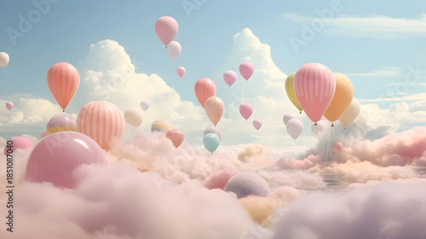 Obraz Whimsical pastel balloons floating with tiny figures resting on soft cotton clouds